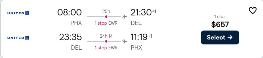 Cheap flights from Phoenix, Arizona to Delhi, India for only $657 roundtrip with United Airlines. Flight deal ticket image.