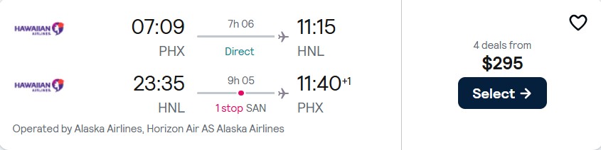 Click here to book this cheap flight deal. Cheap flights from Phoenix, Arizona to Honolulu, Hawaii for only $295 roundtrip with Hawaiian Airlines and Alaska Airlines. Also works in reverse. Flight deal ticket image.