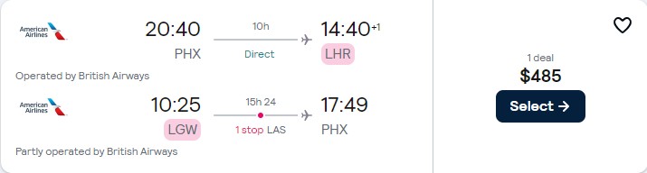Cheap flights from Phoenix, Arizona to London, UK for only $485 roundtrip with British Airways and American Airlines. Flight deal ticket image.