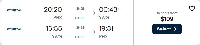 Non-stop flights from Phoenix, Arizona to Winnipeg, Canada for only $109 roundtrip. Flight deal ticket image.