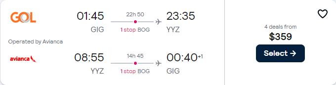 Click here to book this cheap flight deal. Cheap flights from Rio de Janeiro, Brazil to Toronto, Canada for only $359 USD roundtrip with Avianca. Flight deal ticket image.
