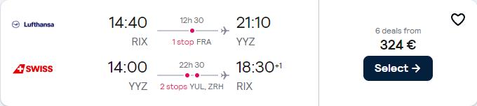 Cheap flights from Riga, Latvia to Toronto, Canada for only €321 roundtrip with Lufthansa, Air Canada and Swiss International Air Lines. Flight deal ticket image.
