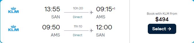 Click here to book this cheap flight deal. Non-stop flights from San Diego to Amsterdam, Netherlands for only $494 roundtrip with KLM. Flight deal ticket image.