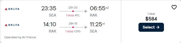 Non-stop flights from Seattle to Marrakesh, Morocco for only $584 roundtrip with Delta Air Lines and Air France. Flight deal ticket image.