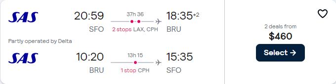 Cheap flights from San Francisco to Brussels, Belgium for only $460 roundtrip with Delta Air Lines and Scandinavian Airlines. Flight deal ticket image.