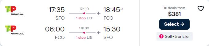 Cheap flights from San Francisco to Rome, Italy for only $381 roundtrip with TAP Air Portugal. Flight deal ticket image.