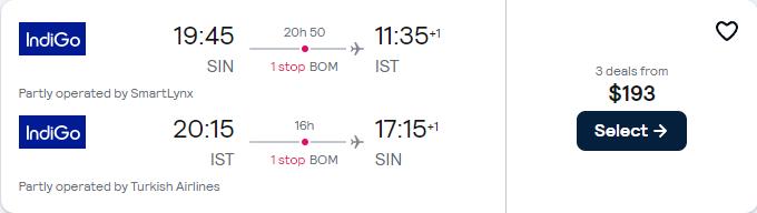 Click here to book this cheap flight deal. Cheap flights from Singapore to Istanbul, Turkey for only $193 USD roundtrip with Turkish Airlines. Flight deal ticket image.