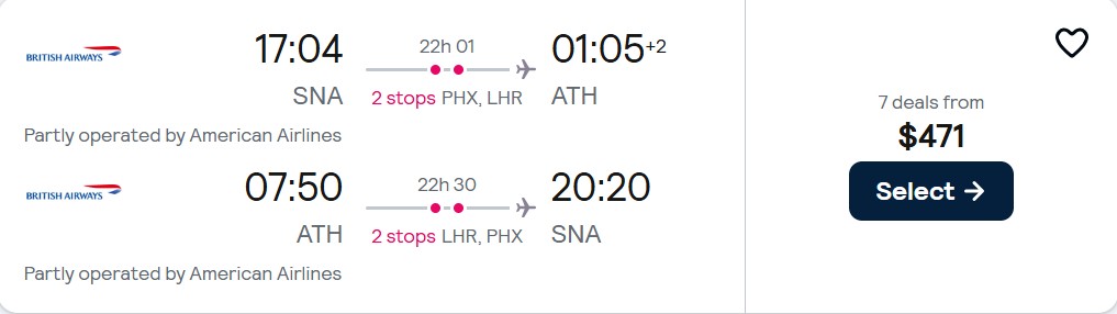 Cheap flights from Santa Ana, California to Athens, Greece for only $471 roundtrip with American Airlines and British Airways. Flight deal ticket image.