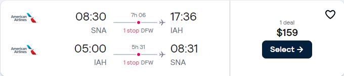 Non-stop flights from Santa Ana, California to Houston, Texas for only $159 roundtrip with American Airlines. Also works in reverse. Flight deal ticket image.