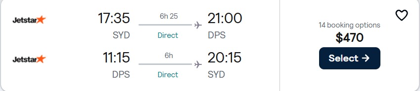 Click here to book this cheap flight deal. Non-stop flights from Sydney, Australia to Bali, Indonesia for only $470 AUD roundtrip with Jetstar. Flight deal ticket image.