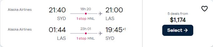Cheap flights from Sydney, Australia to US cities from only $1174 AUD roundtrip with Hawaiian Airlines. Flight deal ticket image.