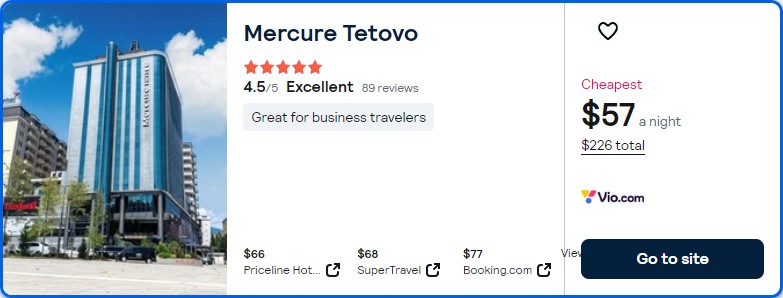 Stay at the 5* Mercure Tetovo in Tetovo, North Macedonia for only $57 USD per night over New Year. Flight deal ticket image.