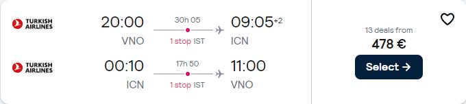 Cheap flights from Vilnius, Lithuania to Seoul, South Korea for only €478 roundtrip with Turkish Airlines. Flight deal ticket image.
