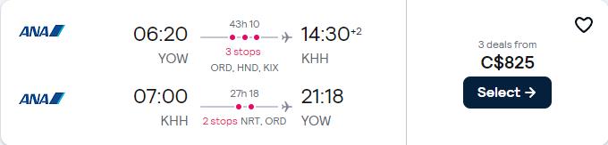 Cheap flights from Ottawa, Canada to Kaohsiung, Taiwan for only $825 CAD roundtrip with All Nippon Airways and EVA Air. Flight deal ticket image.