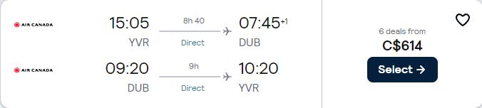 Non-stop flights from Vancouver, Canada to Dublin, Ireland for only $614 CAD roundtrip with Air Canada. Flight deal ticket image.