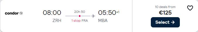Last minute flights from European cities to Mombasa, Kenya from only €125 one-way. Flight deal ticket image.