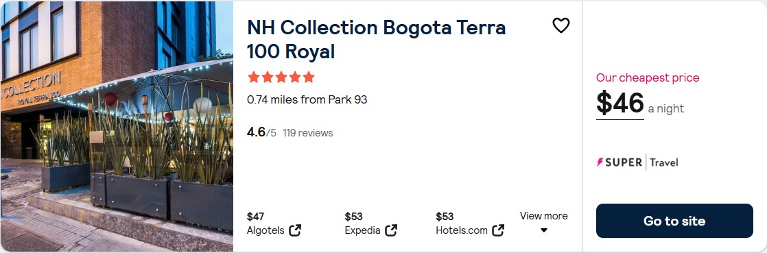Click here to book this cheap flight deal. Stay at the 5* NH Collection Bogota Terra 100 Royal in Bogota, Colombia for only $46 USD per night. Flight deal ticket image.