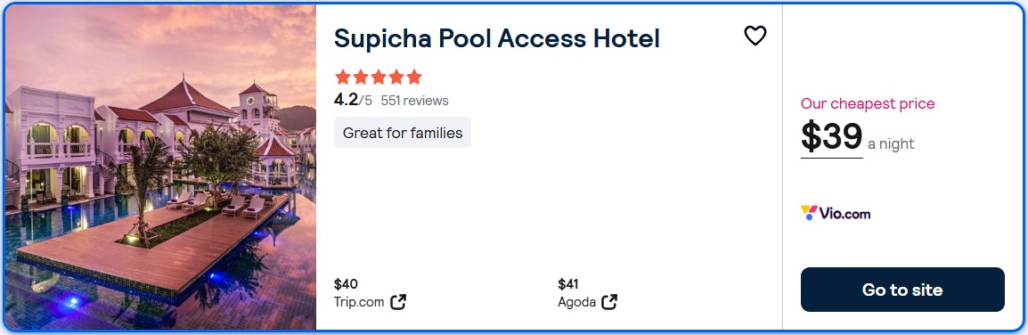 Click here to book this cheap flight deal. Stay at the 5* Supicha Pool Access Hotel in Phuket, Thailand for only $39 USD per night. Flight deal ticket image.