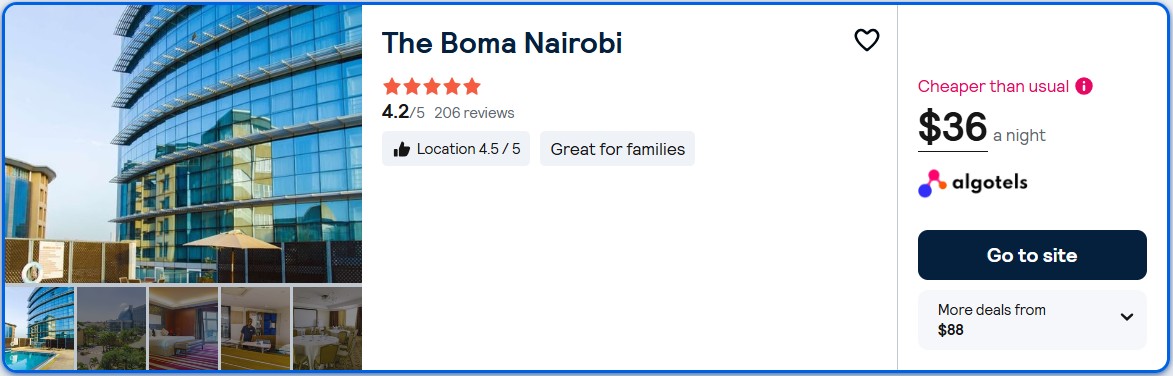 Stay at the 5* The Boma Nairobi in Nairobi, Kenya for only $36 USD per night. Flight deal ticket image.