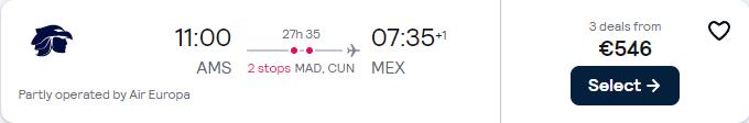 Business Class flights from Amsterdam, Netherlands to Mexico City, Mexico for only €546 one-way with Air Europa and Aeromexico. Flight deal ticket image.
