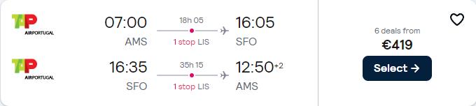 Cheap flights from Amsterdam, Netherlands to San Francisco, USA for only €419 roundtrip with TAP Air Portugal. Flight deal ticket image.
