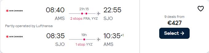 Cheap flights from Amsterdam, Netherlands to Central America from only €427 roundtrip with Lufthansa and Air Canada. Flight deal ticket image.