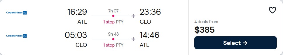 Cheap flights from Atlanta to Cali, Colombia for only $385 roundtrip with Copa Airlines. Flight deal ticket image.