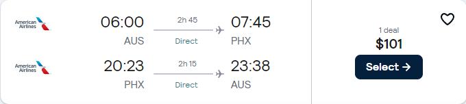 Non-stop flights from Austin, Texas to Phoenix, Arizona for only $101 roundtrip with American Airlines. Also works in reverse. Flight deal ticket image.