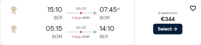 Cheap flights from Berlin, Germany to Mumbai, India for only €344 roundtrip. Flight deal ticket image.