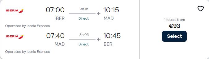 Click here to book this cheap flight deal. Non-stop flights from Berlin, Germany to Madrid, Spain for only €93 roundtrip with Iberia. Flight deal ticket image.