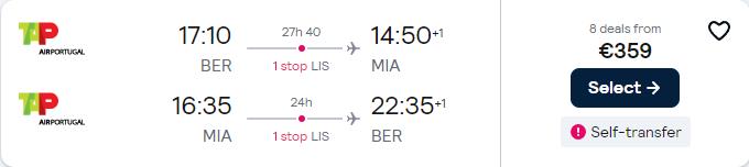 Cheap flights from Berlin, Germany to Miami, USA for only €359 roundtrip with TAP Air Portugal. Flight deal ticket image.