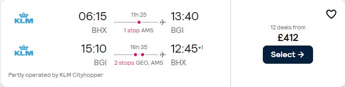 Cheap flights from UK cities to Barbados from only £412 roundtrip with KLM. Flight deal ticket image.