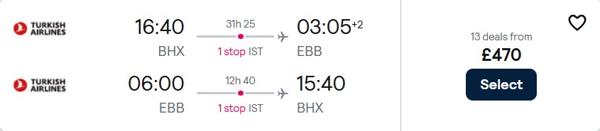 Click here to book this cheap flight deal. Cheap flights from Birmingham, UK to Entebbe, Uganda for only £470 roundtrip with Turkish Airlines. Flight deal ticket image.
