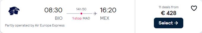 Error Fare Business Class flights from Bilbao, Spain to Mexico City, Mexico for only €428 one-way with Air Europa and Aeromexico. Flight deal ticket image.
