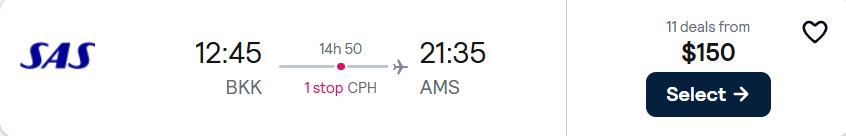 Click here to book this cheap flight deal. Cheap flights from Bangkok, Thailand to European cities from only $150 USD one-way with Scandinavian Airlines. Flight deal ticket image.