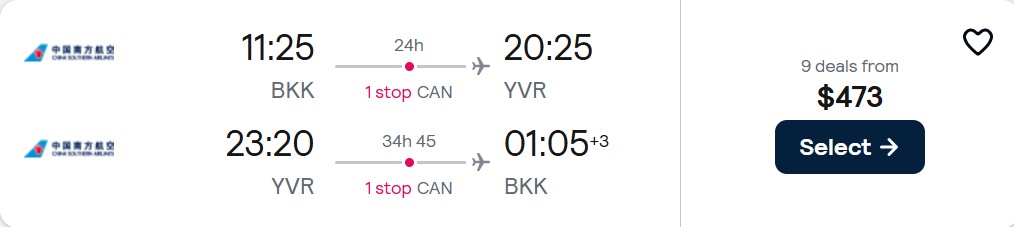 Click here to book this cheap flight deal. Cheap flights from Bangkok, Thailand to Vancouver, Canada for only $473 USD roundtrip. Flight deal ticket image.