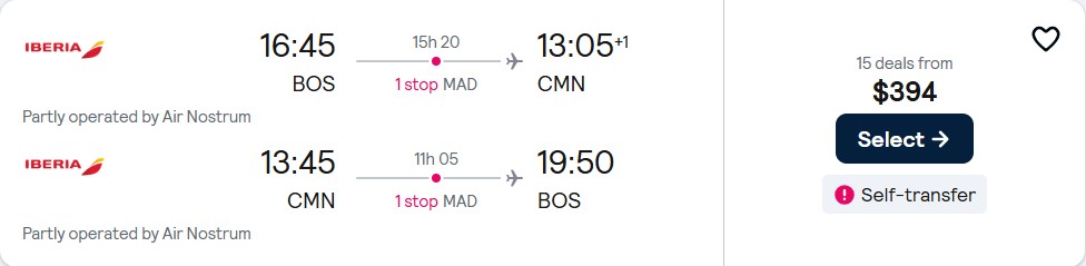 Cheap flights from Boston to Casablanca, Morocco for only $394 roundtrip with Iberia. Flight deal ticket image.