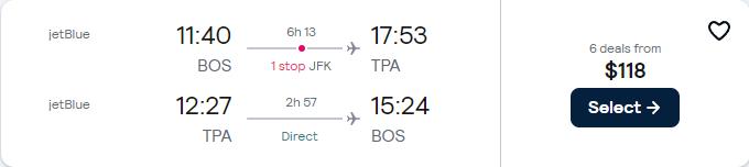 Cheap flights from Boston to Tampa, Florida for only $118 roundtrip with JetBlue. Also works in reverse. Flight deal ticket image.