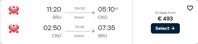 Click here to book this cheap flight deal. Cheap flights from Brussels, Belgium to Chongqing, China for only €493 roundtrip with Hainan Airlines. Flight deal ticket image.