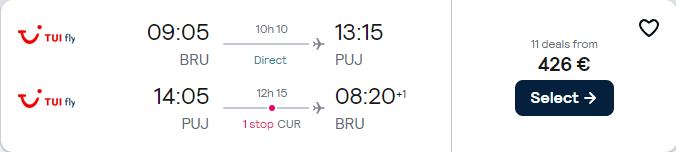 Cheap flights from Brussels, Belgium to the Dominican Republic for only €426 roundtrip. Flight deal ticket image.