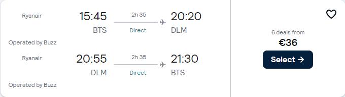 Non-stop flights from Bratislava, Slovakia to Dalaman, Turkey for only €36 roundtrip. Flight deal ticket image.