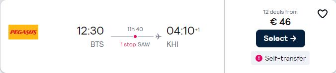 Cheap flights from Bratislava, Slovakia to Karachi, Pakistan or Muscat, Oman from only €44 one-way. Flight deal ticket image.