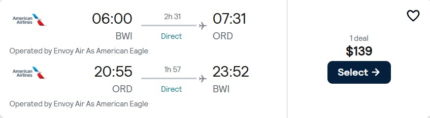 Click here to book this cheap flight deal. Non-stop flights from Baltimore to Chicago for only $139 roundtrip with American Airlines. Also works in reverse. Flight deal ticket image.