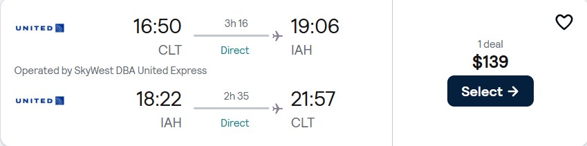Click here to book this cheap flight deal. Non-stop flights from Charlotte, North Carolina to Houston, Texas for only $139 roundtrip with United Airlines. Also works in reverse. Flight deal ticket image.