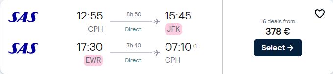 Click here to book this cheap flight deal. Cheap flights from Copenhagen, Denmark to US cities from only €378 roundtrip with Scandinavian Airlines. Flight deal ticket image.