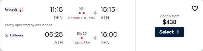 Cheap flights from Denver, Colorado to Athens, Greece for only $438 roundtrip with Air Canada, Brussels Airlines and Lufthansa. Flight deal ticket image.