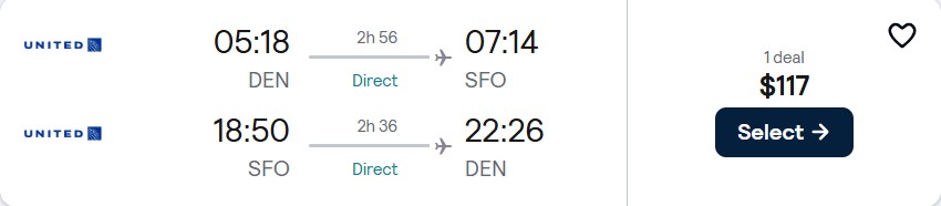 Non-stop flights from Denver, Colorado to San Francisco for only $117 roundtrip with United Airlines. Also works in reverse. Flight deal ticket image.