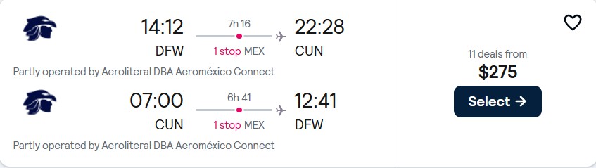 Cheap flights from Dallas, Texas to Cancun, Mexico for only $275 roundtrip with Aeromexico. Flight deal ticket image.