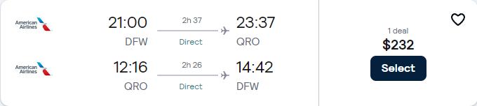 Non-stop flights from Dallas, Texas to Queretaro, Mexico for only $232 roundtrip with American Airlines. Flight deal ticket image.
