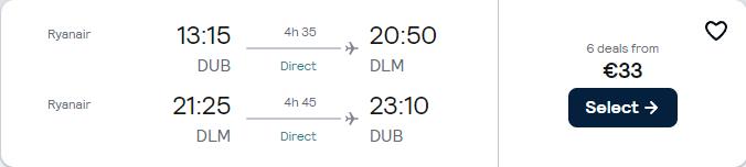 Non-stop flights from Dublin, Ireland to Dalaman or Bodrum, Turkey from only €33 roundtrip. Flight deal ticket image.